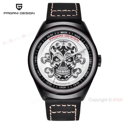 Pagani Design PVD Black Steel Watch White Skull Face